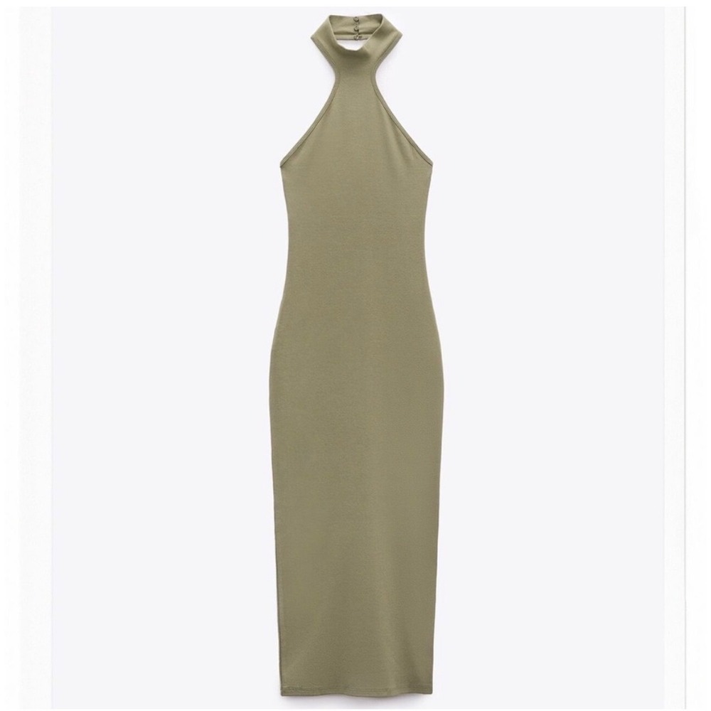 Zara Womens Halter Neck Midi Dress Olive Green Ribbed Bodycon Large